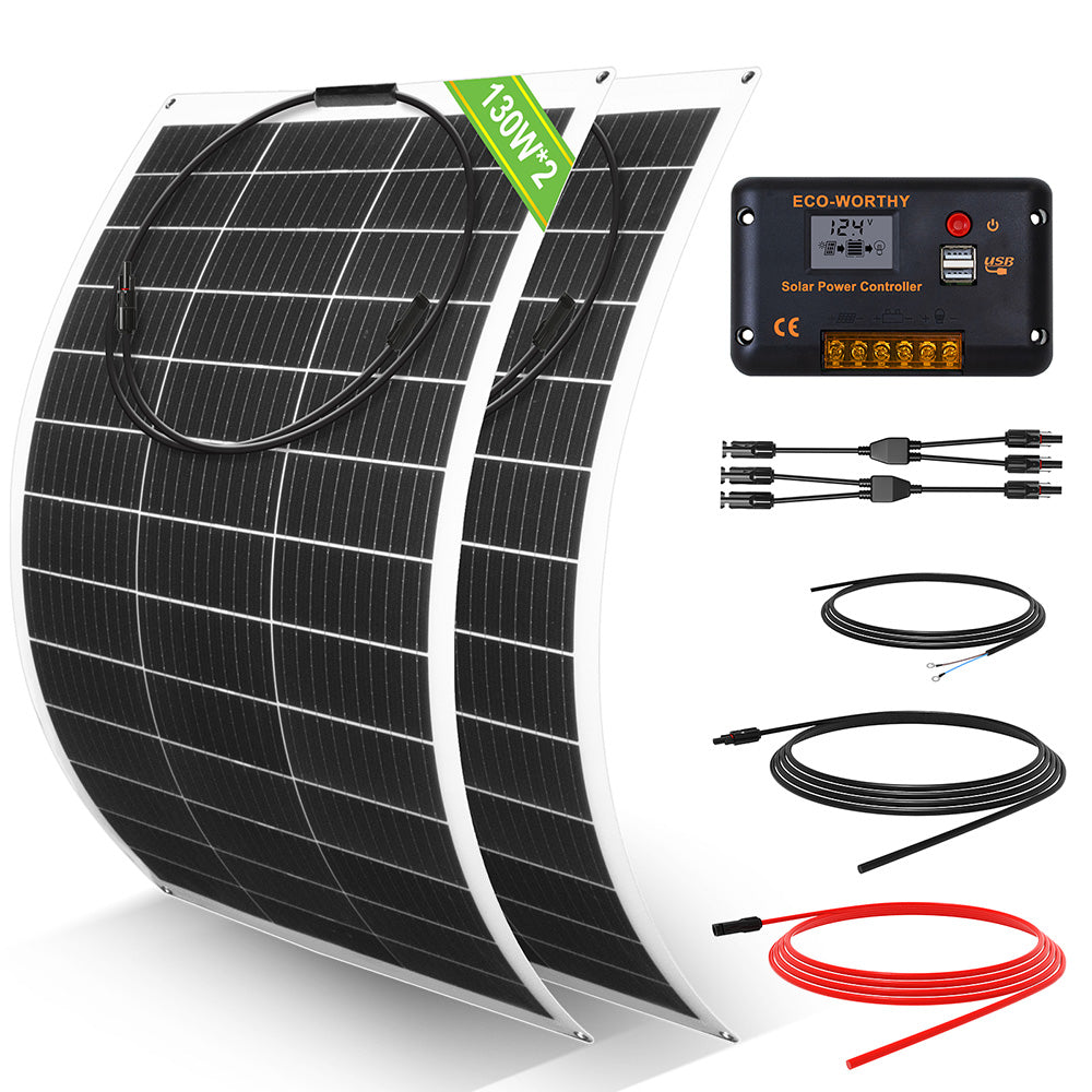 130W 260W 12V 1/2-panneau Solaire Autonome avec Panneau Mono Flexible 130W
