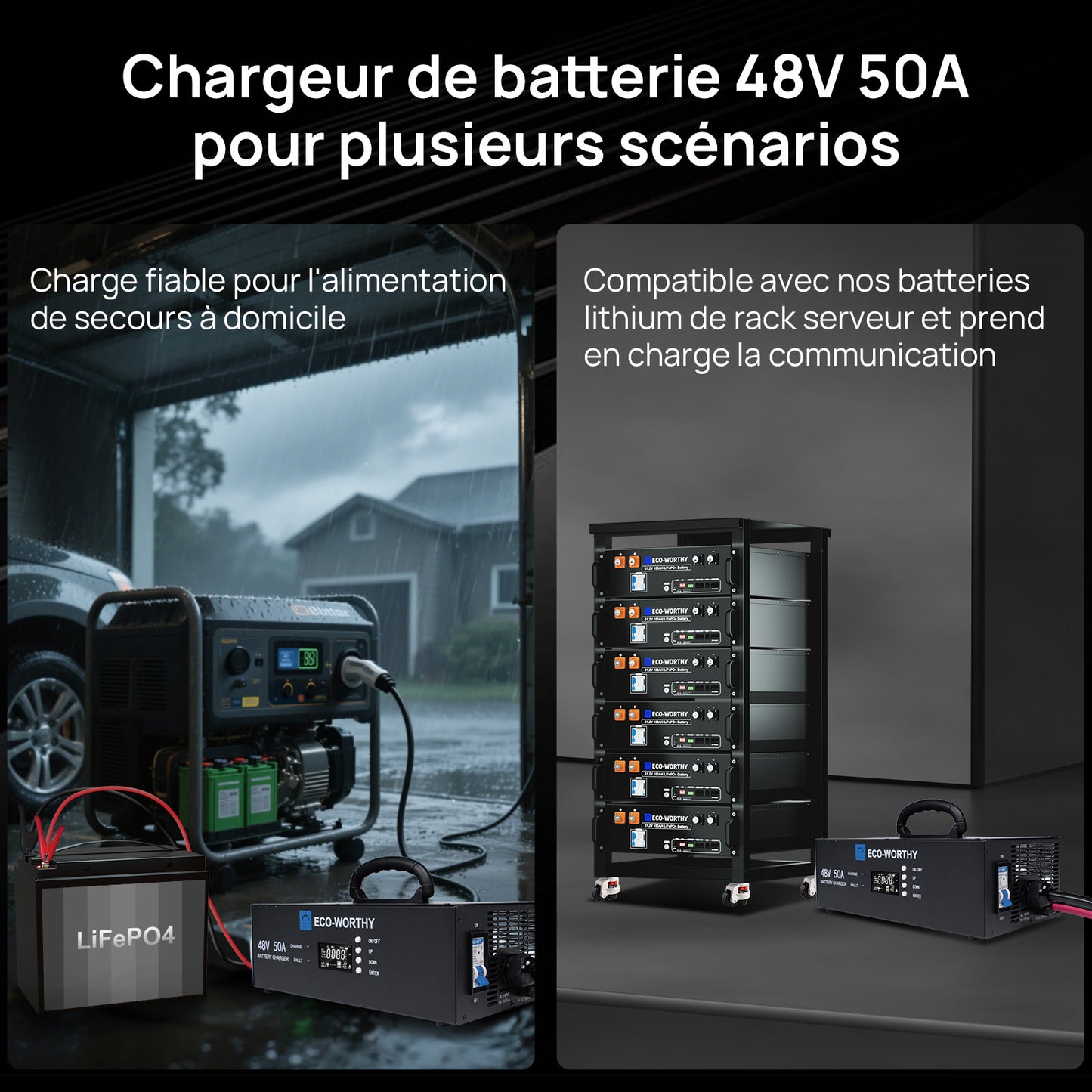 Eco-Worthy Chargeur de batterie lithium 48V – Courant réglable 0–50A, entrée 90–260V