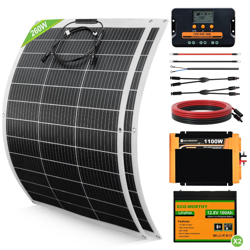Système de cartes flexibles 130 W, 2 pièces de 130 cartes flexibles avec deux batteries au lithium Bluetooth.