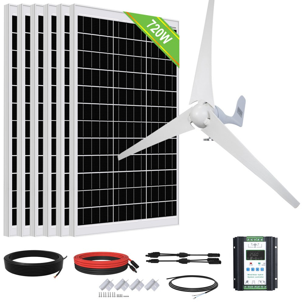 Kit Hybride Solaire Et Éolien 1120W 24V (Éolien 400W+PV 6x120W) avec  Onduleur 3kW+2.4kWh Lithium