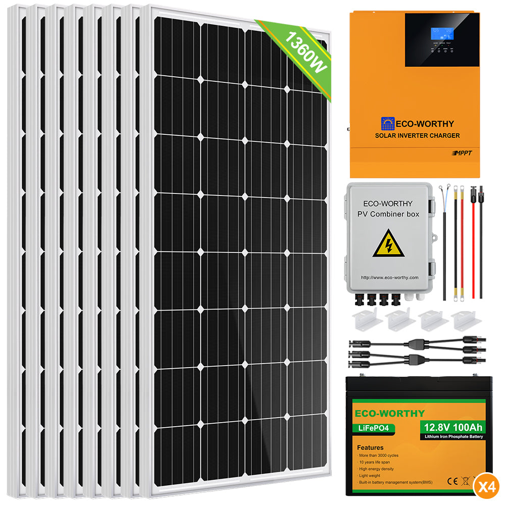 ECO-WORTHY Système d'alimentation solaire 2000 W 24 V avec batterie et  onduleur pour la maison : 10 panneaux solaires 195 W + 4 batteries au  lithium