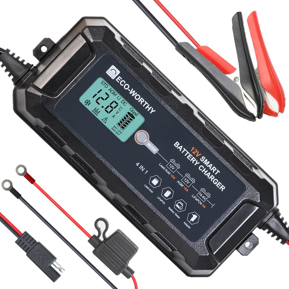 Chargeur de batterie intelligent automatique 5A & 10A 12V avec écran LCD pour batteries au lithium (LiFePO4) - eco-worthy-fr