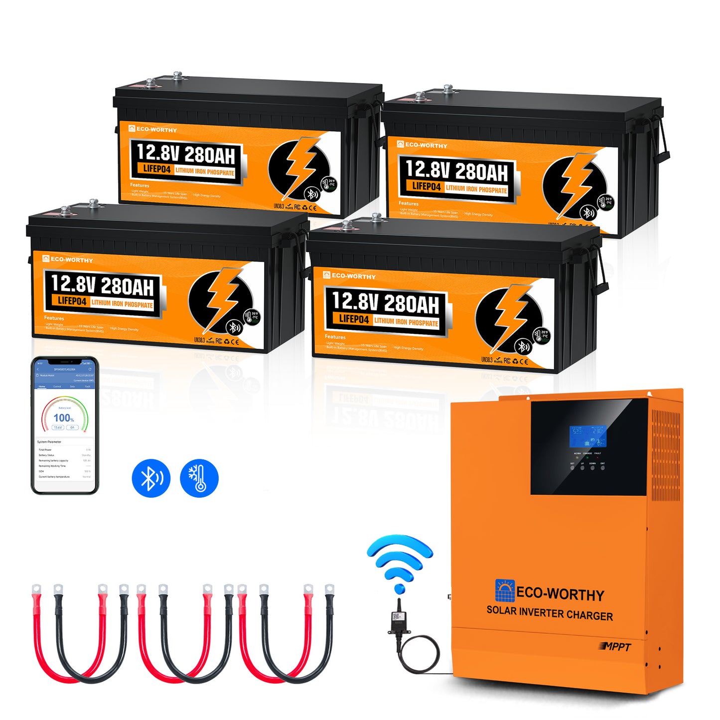 Onduleur 5 kW avec Pack de 4 Batterie Bluetooth 12V 280Ah | Kit D'alimentation Domestique Hors Réseau