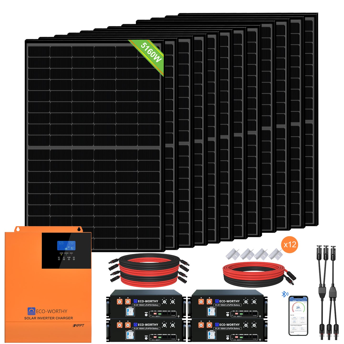 Kit Solaire MPPT Hors Réseau Complet ECO-WORTHY 48V 5160 W (12x 430W)