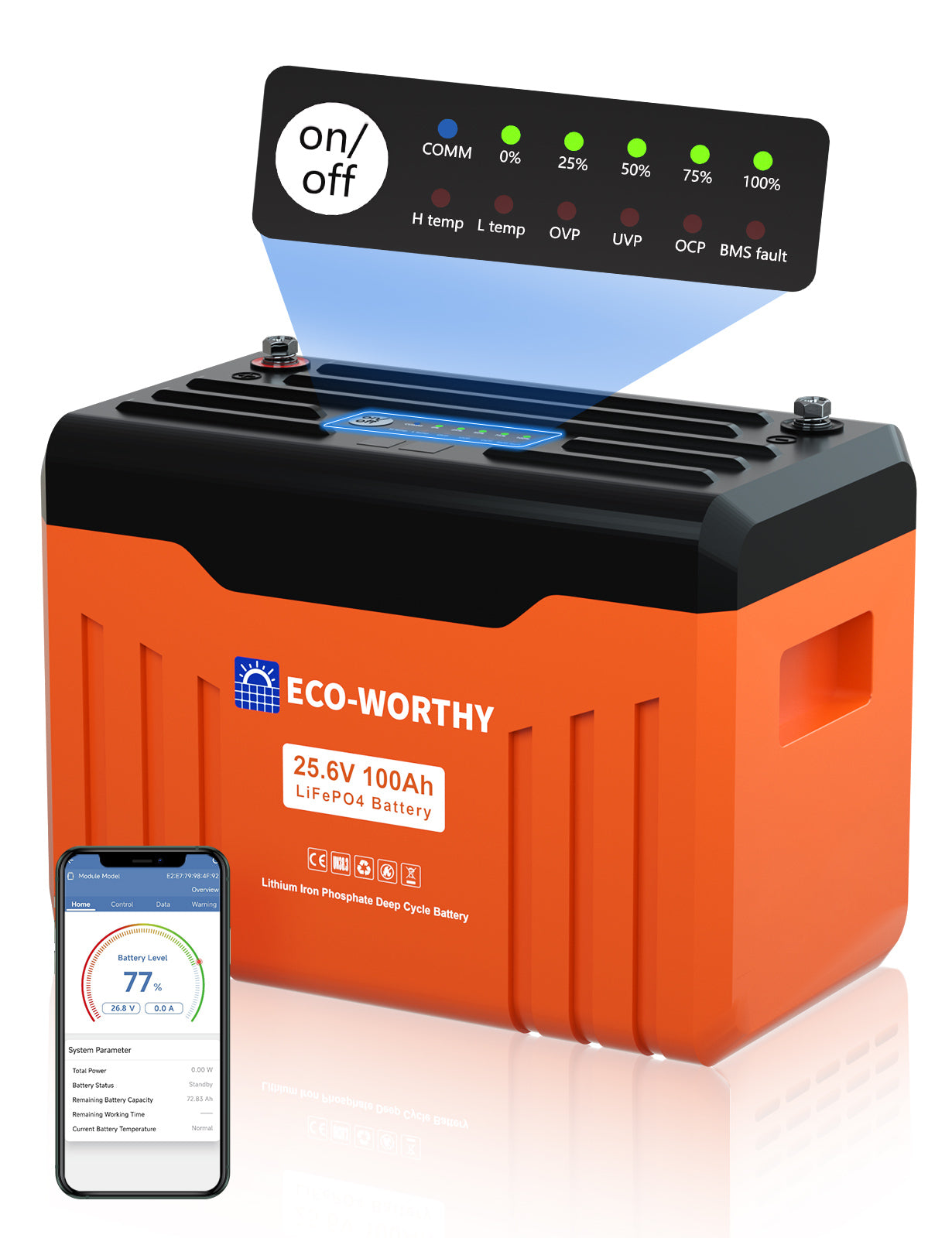 Batterie au lithium LiFePO4 24V 100Ah Bluetooth avec protection basse température, Lumières LED SOC, 100A BMS