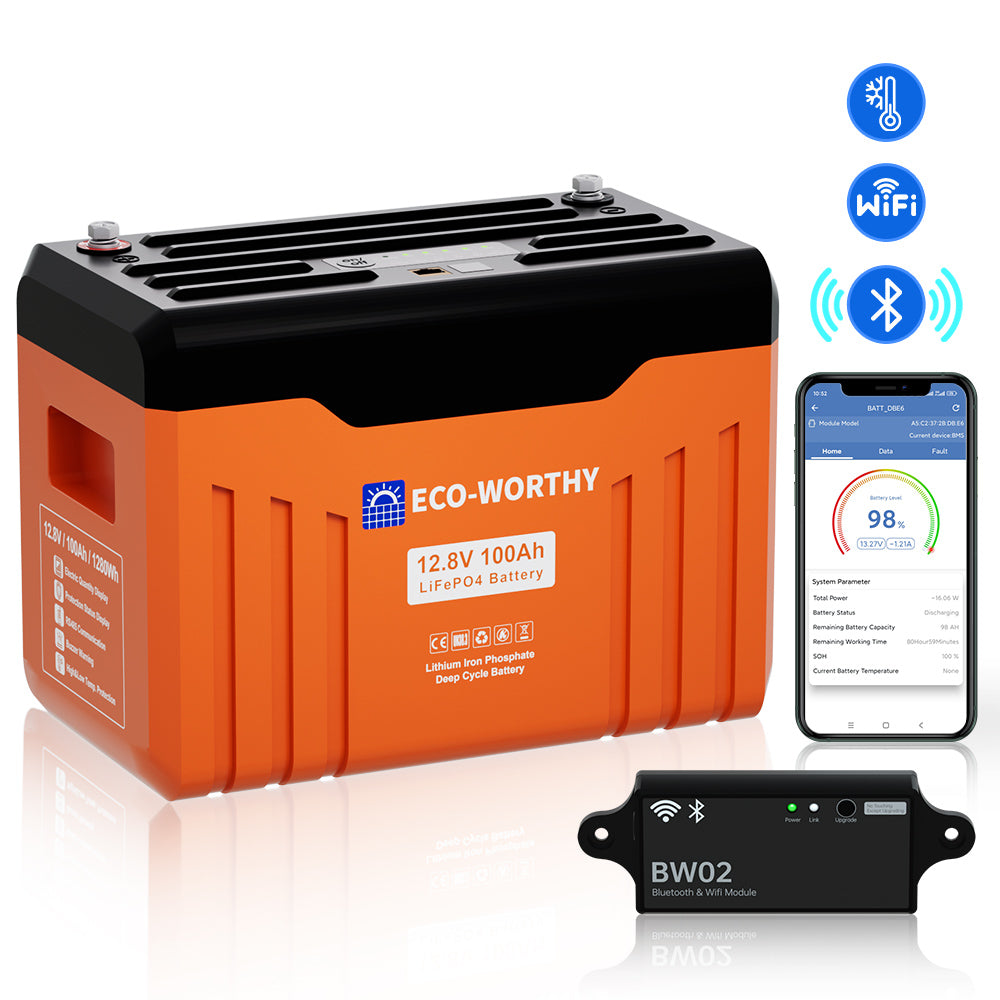 Batterie au lithium LiFePO4 12V100Ah Bluetooth et WIFI, Lumières LED SOC