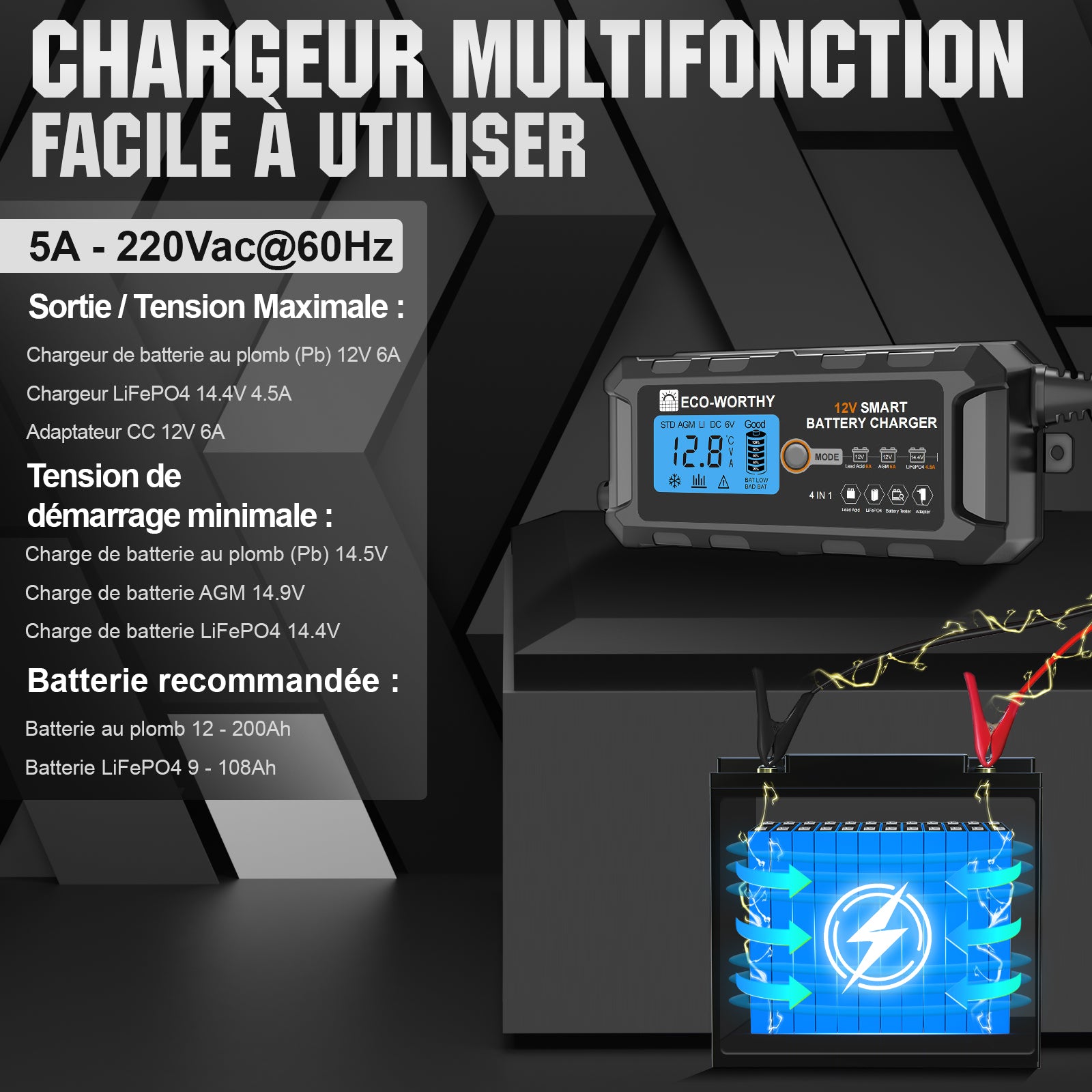 Chargeur de batterie intelligent automatique 5A & 10A 12V avec écran LCD pour batteries au lithium (LiFePO4)
