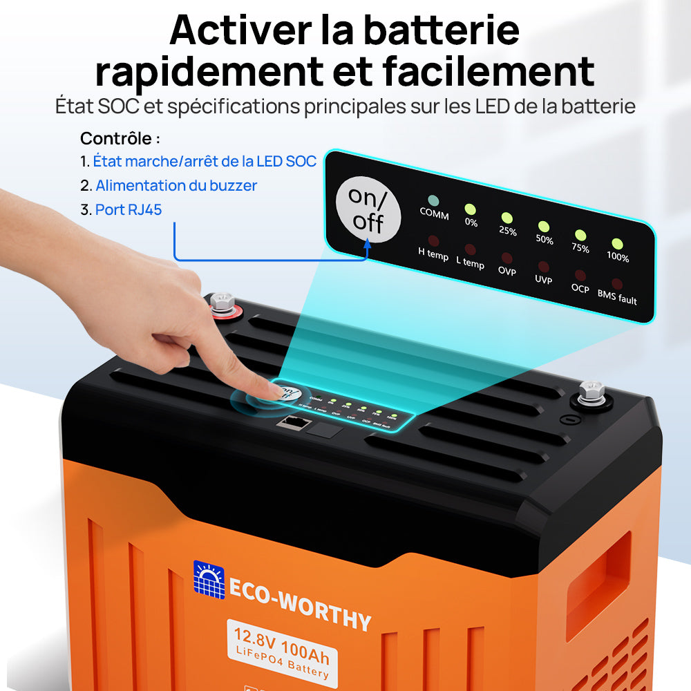 Batterie au lithium LiFePO4 12V100Ah Bluetooth et WIFI, Lumières LED SOC