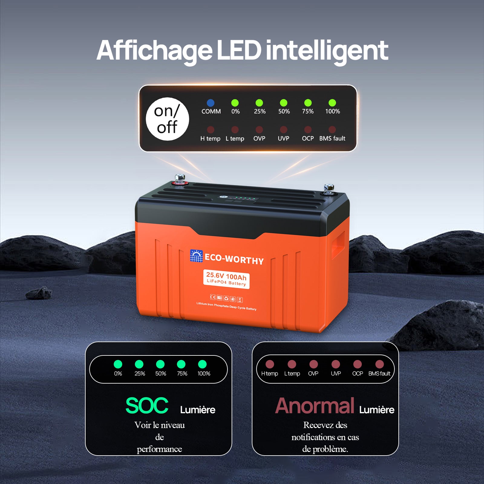 Batterie au lithium LiFePO4 24V 100Ah Bluetooth avec protection basse température, Lumières LED SOC, 100A BMS