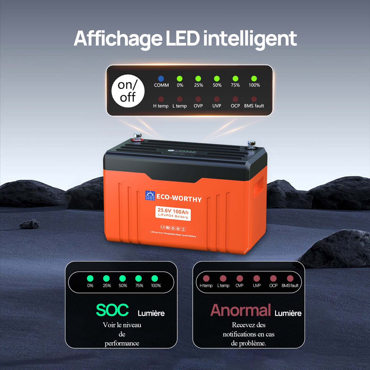 Batterie au lithium LiFePO4 24V 100Ah Bluetooth avec protection basse température, Lumières LED SOC, 100A BMS