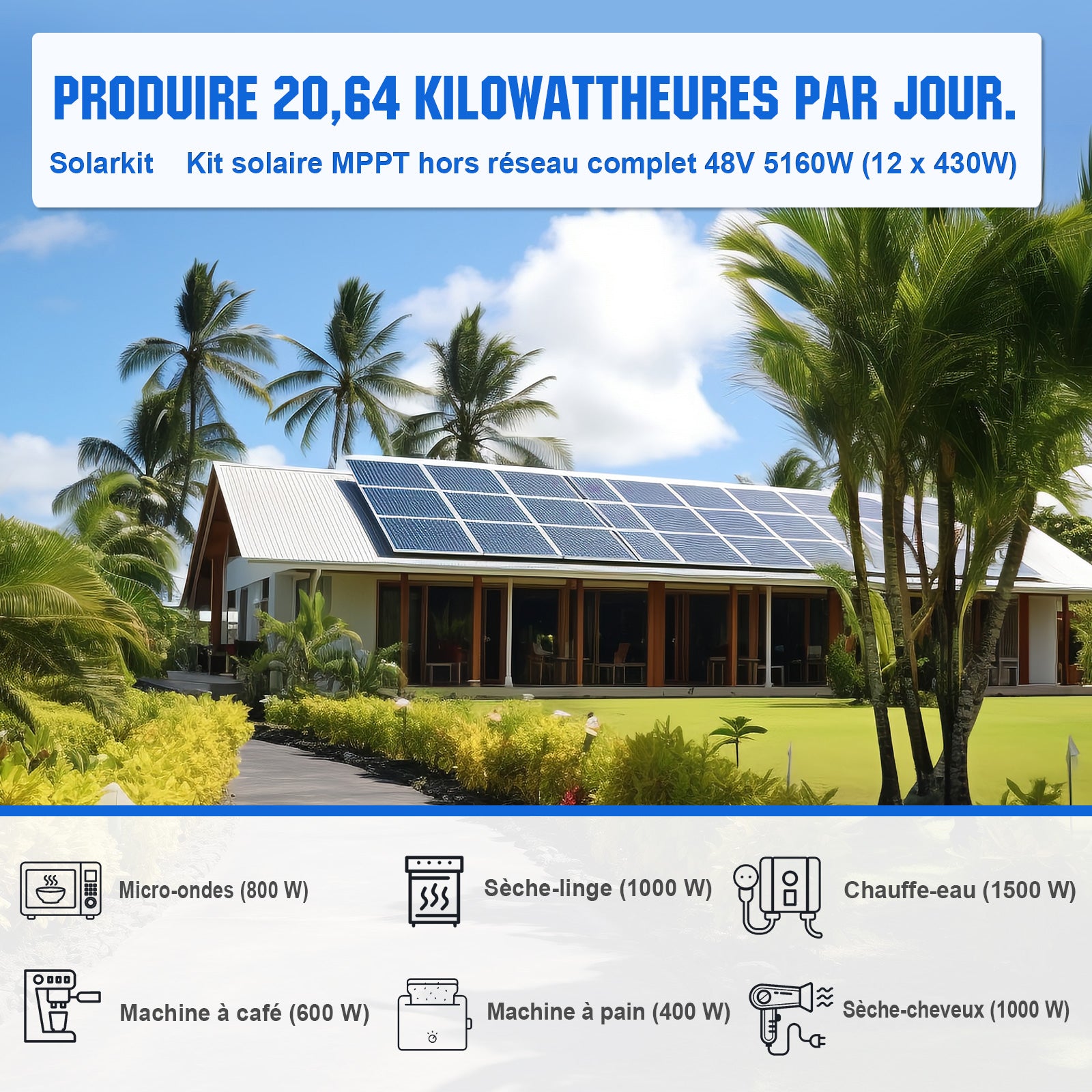 Kit Solaire MPPT Hors Réseau Complet ECO-WORTHY 48V 5160 W (12x 430W)