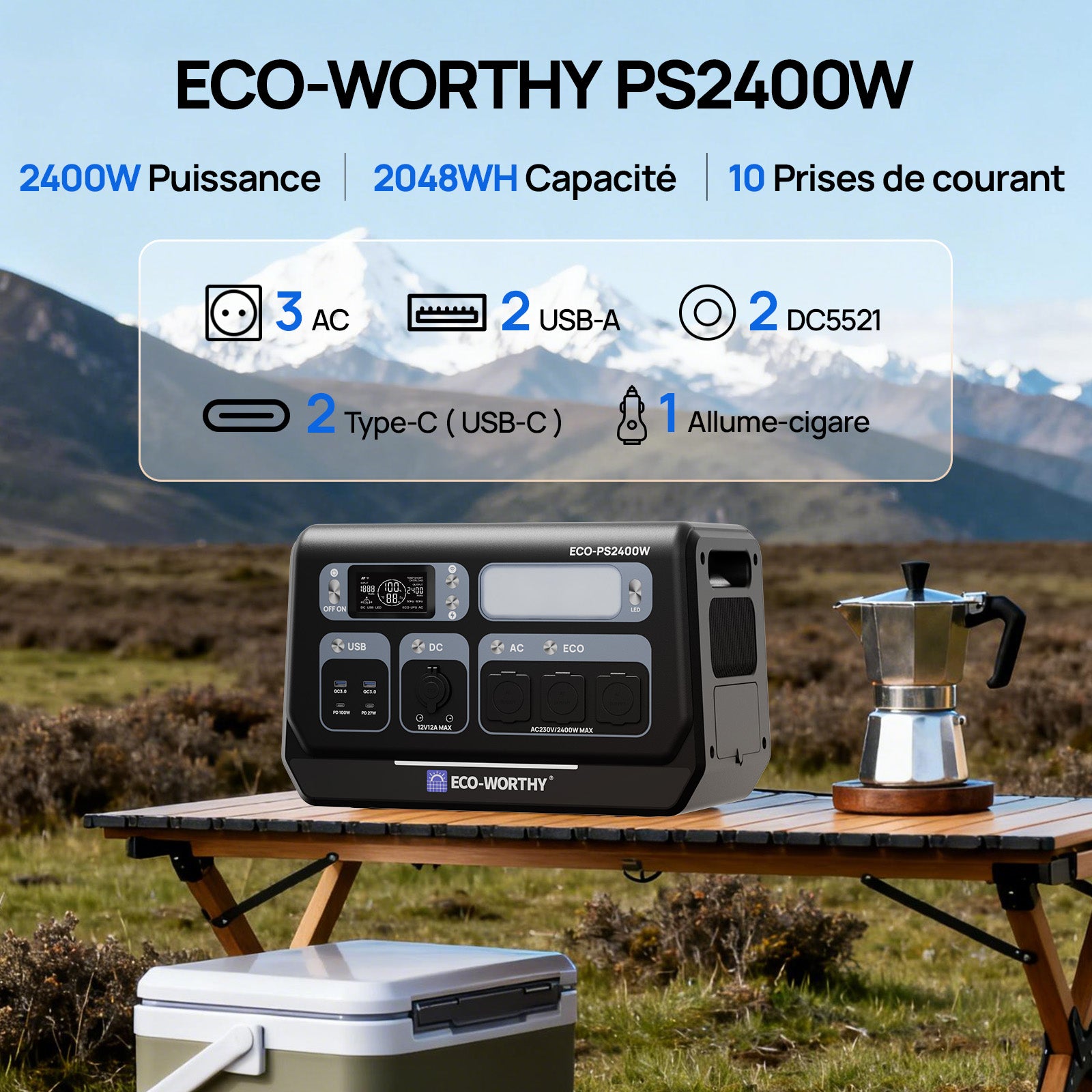 Centrale Électrique Portable ECO-WORTHY 2400W avec Batterie au Lithium de 2048 Wh | Wi-Fi et Bluetooth | Alimentation de Secours