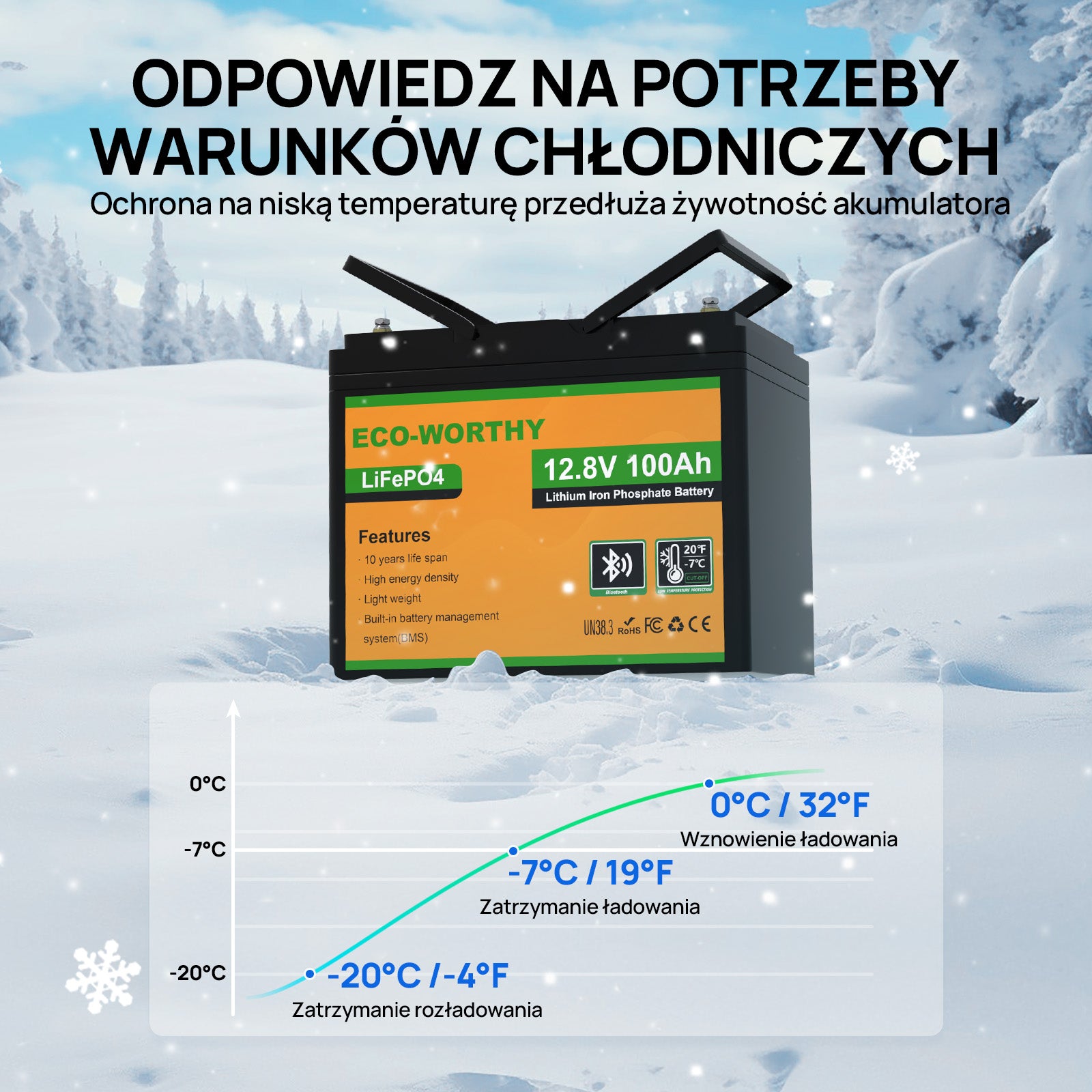 Akumulator litowy LiFePO4 12V 100Ah z Bluetooth – zabezpieczenie przed niską temperaturą