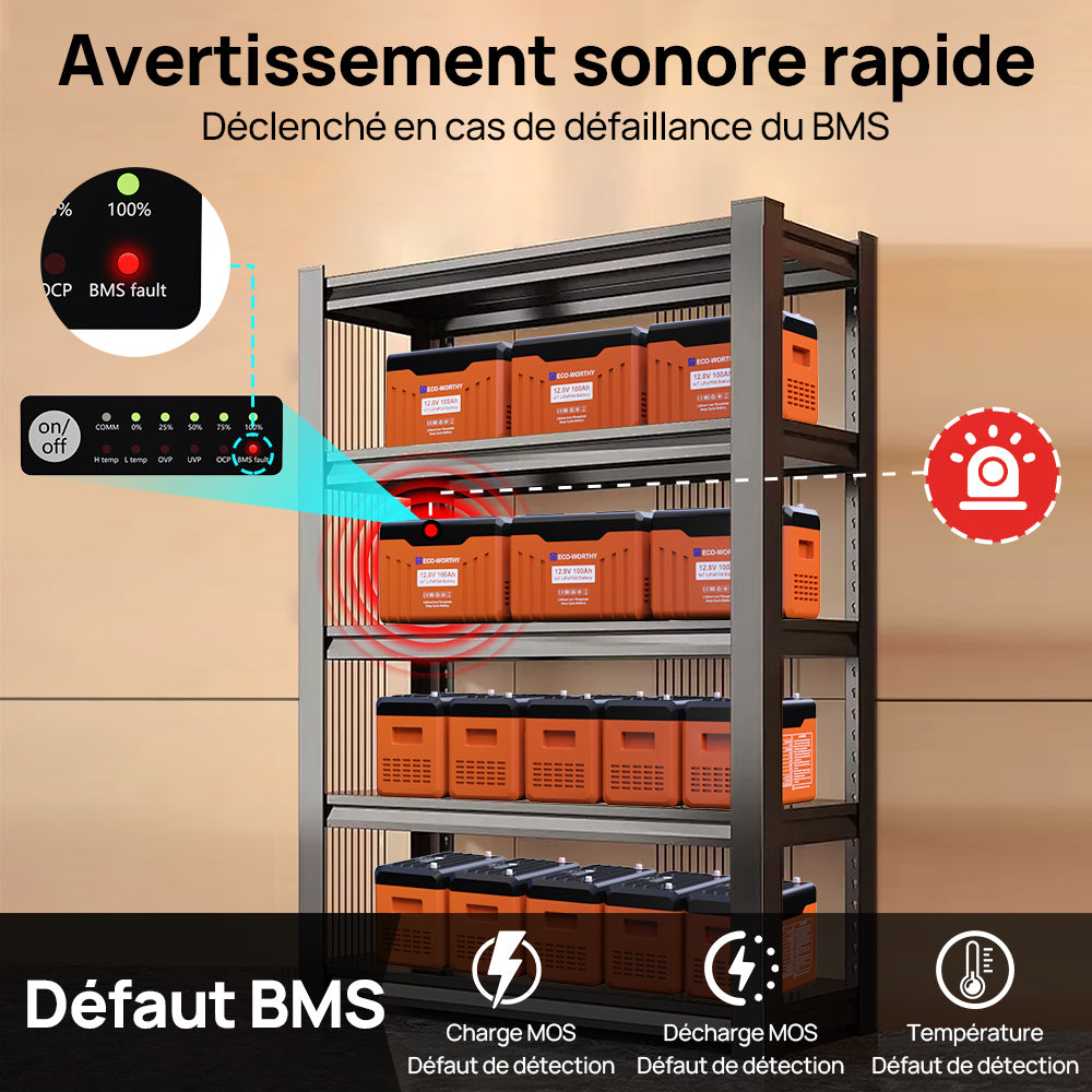 Batterie au lithium LiFePO4 12V100Ah Bluetooth et WIFI, Lumières LED SOC