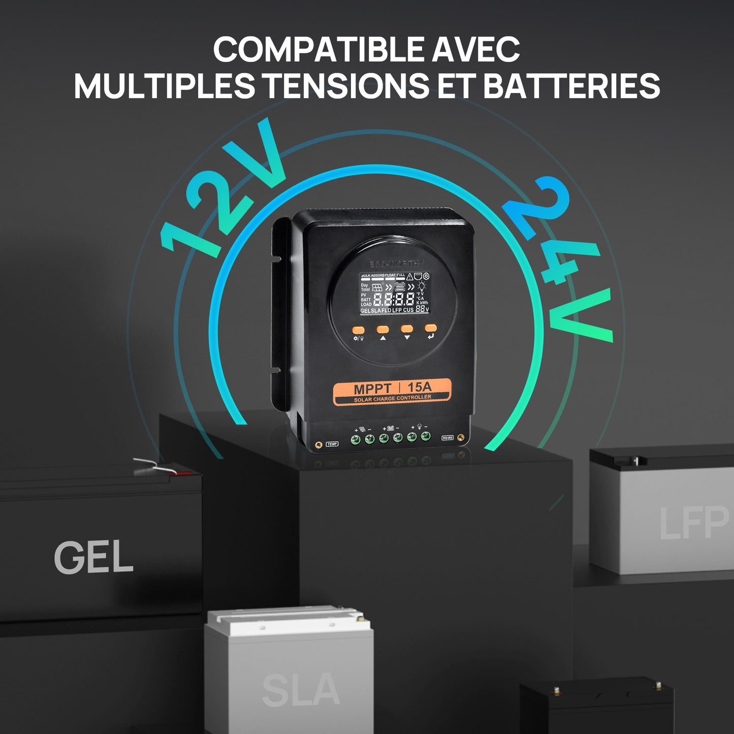 ECO-WORTHY Régulateur Solaire MPPT 15A 12V/24V avec LCD & Bluetooth RS485