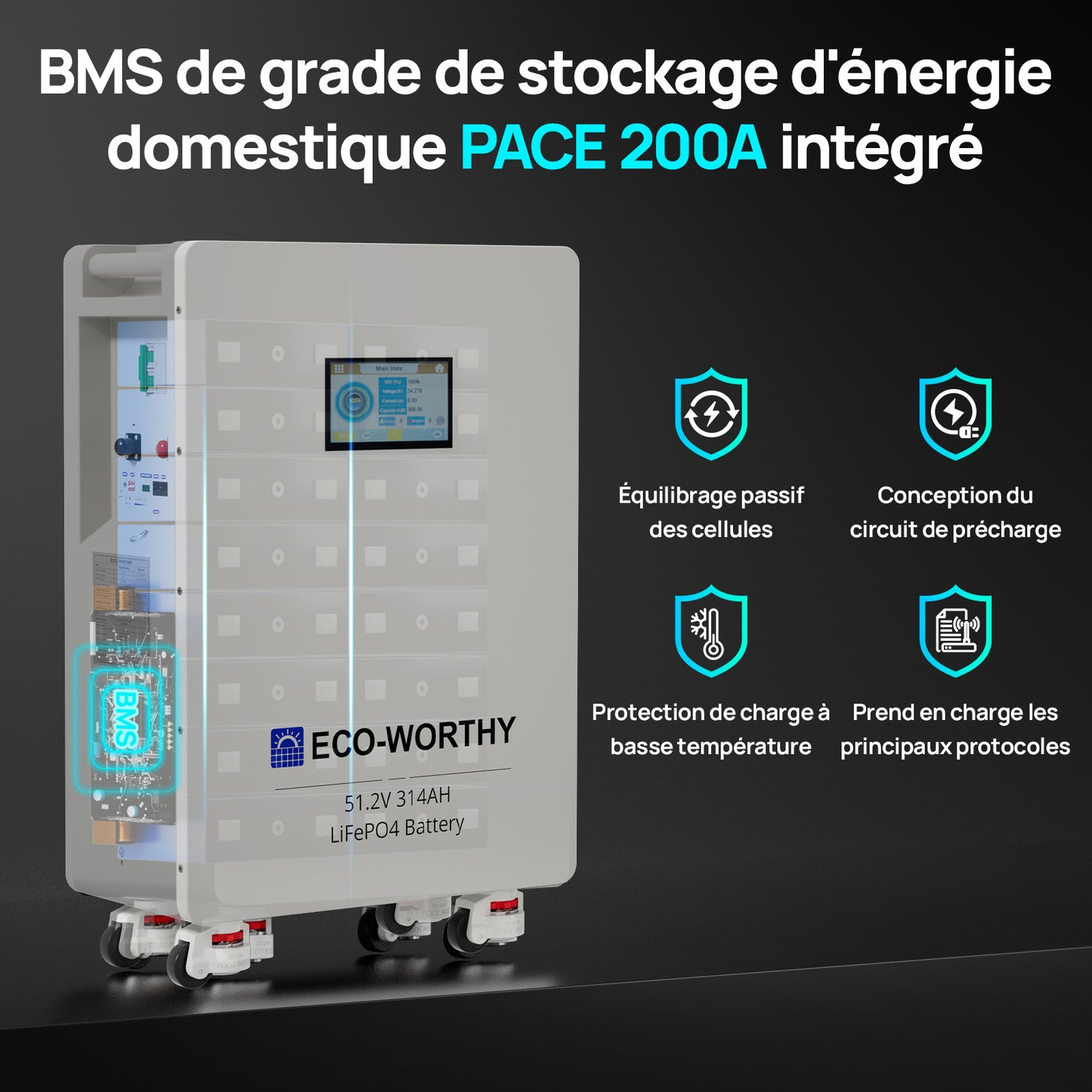 Batterie LiFePO4 ECO-WORTHY 48V 314Ah | Batterie de secours solaire pour la maison | Fixation Murale