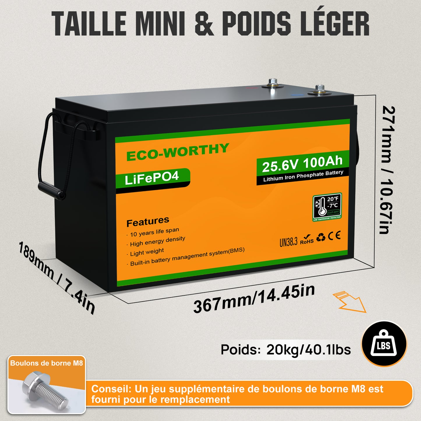 Batterie lithium LiFePO4 24V 100Ah-Protection Contre les Basses Températures
