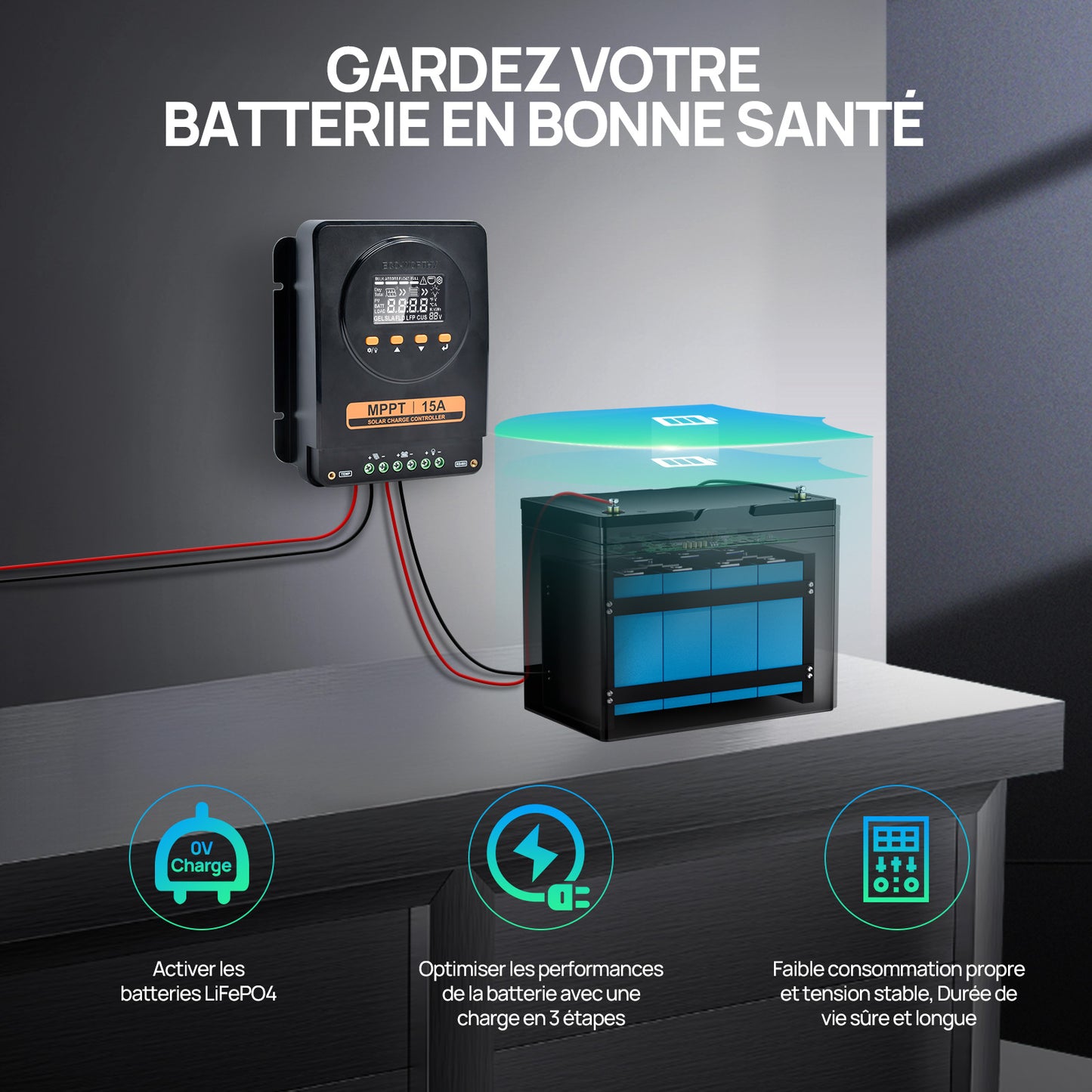 ECO-WORTHY Régulateur Solaire MPPT 15A 12V/24V avec LCD & Bluetooth RS485