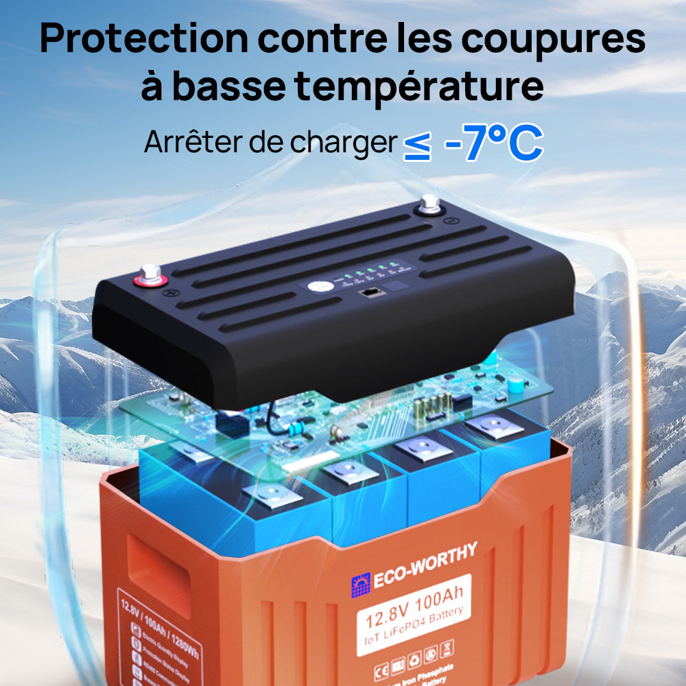 Batterie au lithium LiFePO4 12V100Ah Bluetooth et WIFI, Lumières LED SOC