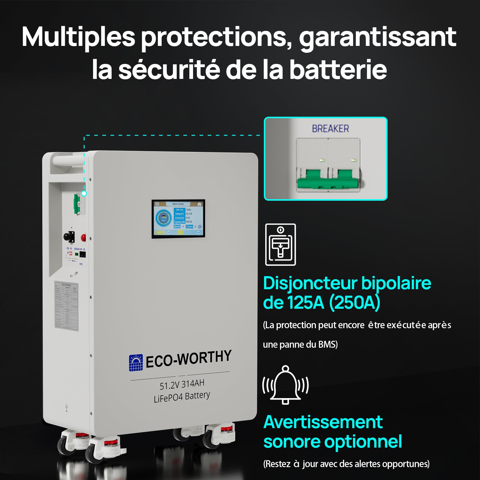 Batterie Domestique au Lithium Lifepo4 ECO-WORTHY 48V 314Ah | Modèle Sur Pied Avec Roulettes