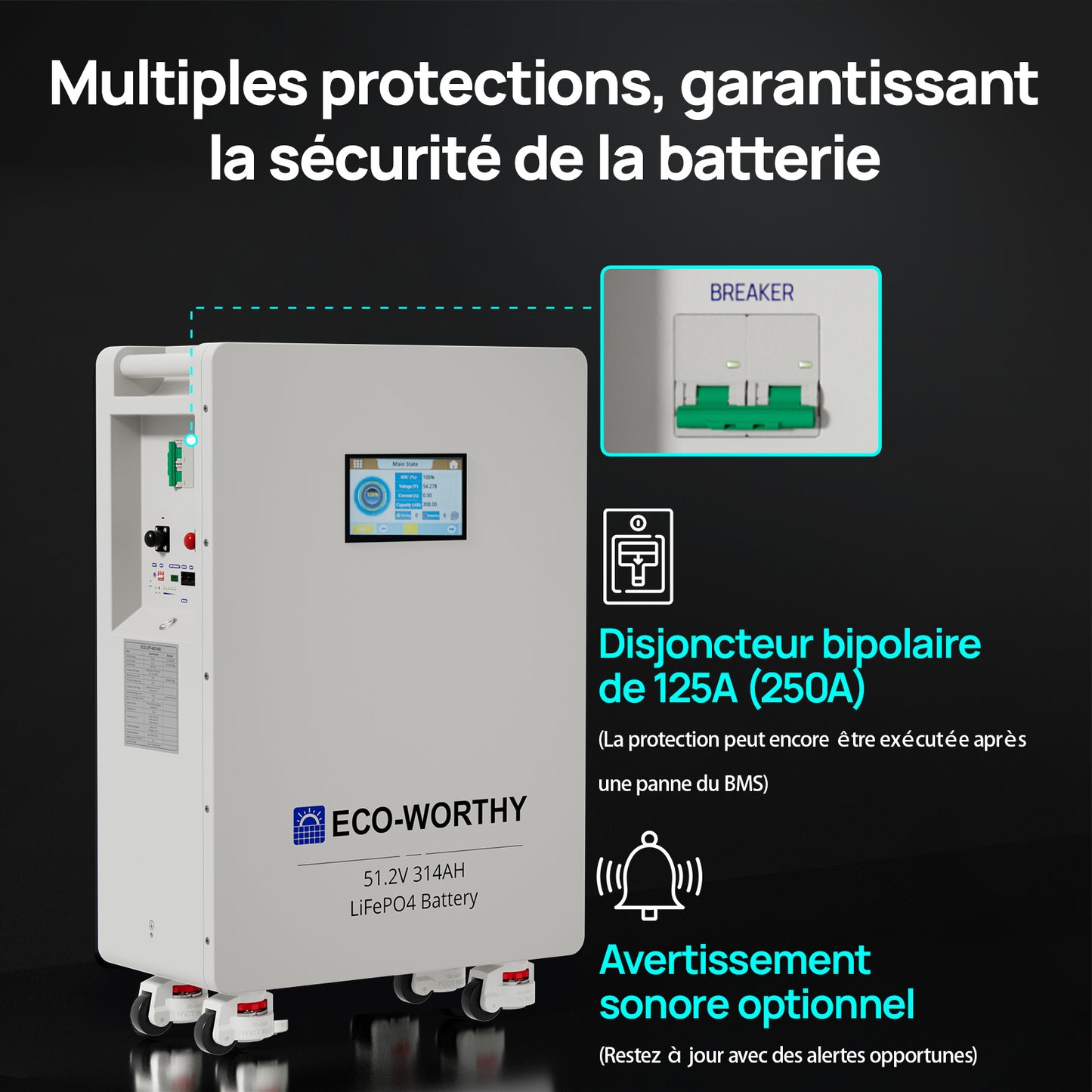 Batterie LiFePO4 ECO-WORTHY 48V 314Ah | Batterie de secours solaire pour la maison | Fixation Murale