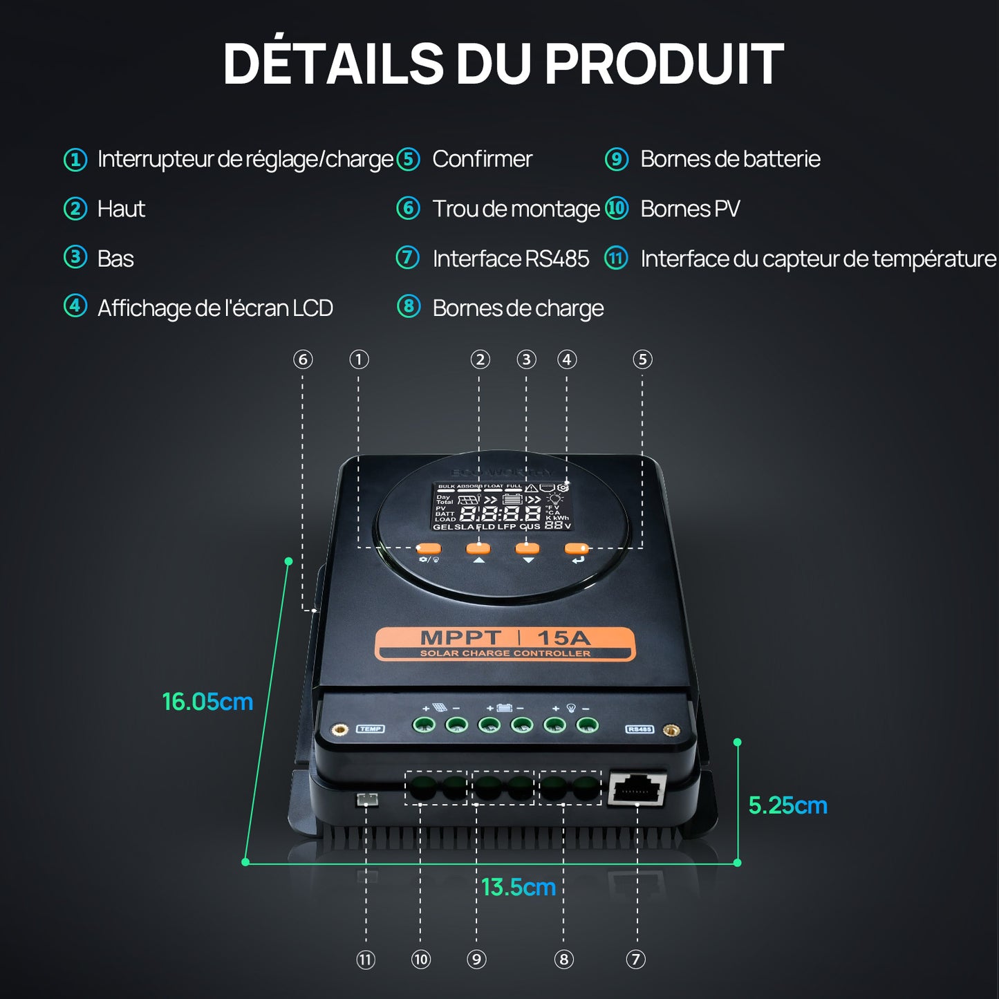 ECO-WORTHY Régulateur Solaire MPPT 15A 12V/24V avec LCD & Bluetooth RS485
