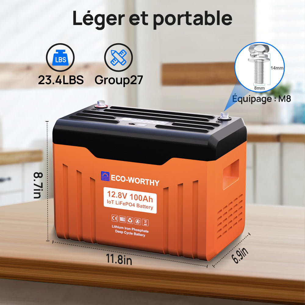 Batterie au lithium LiFePO4 12V100Ah Bluetooth et WIFI, Lumières LED SOC