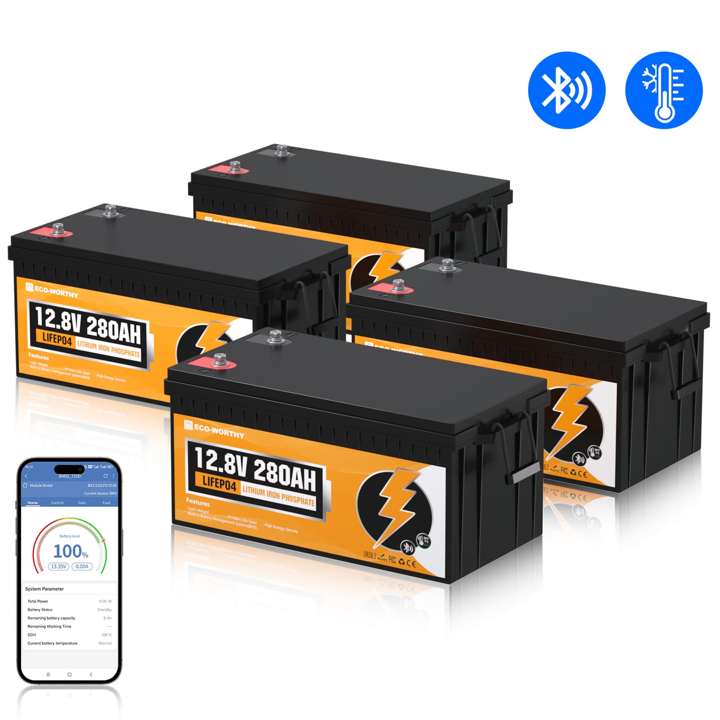 Eco-Worthy Batterie lithium 12V 280Ah Lifepo4 avec Bluetooth et Basse température