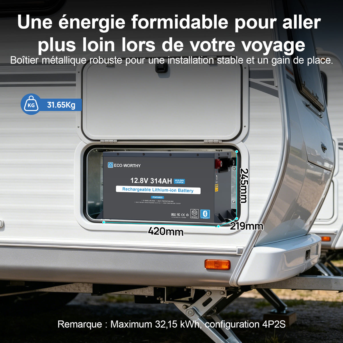 ECO-WORTHY Batterie Lithium EnergyRock 12V 314Ah Bluetooth Capacité de 4019 Wh