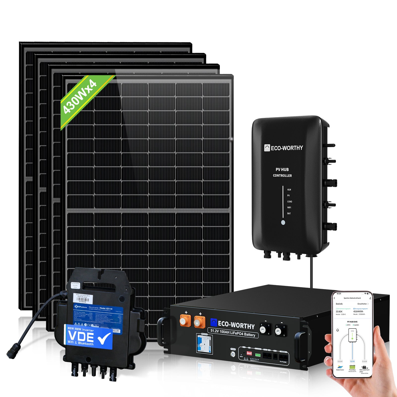 Kit Solaire Balcon 1720W avec Batterie LiFePO4 48V 100Ah et Hub 1600W | ECO-WORTHY