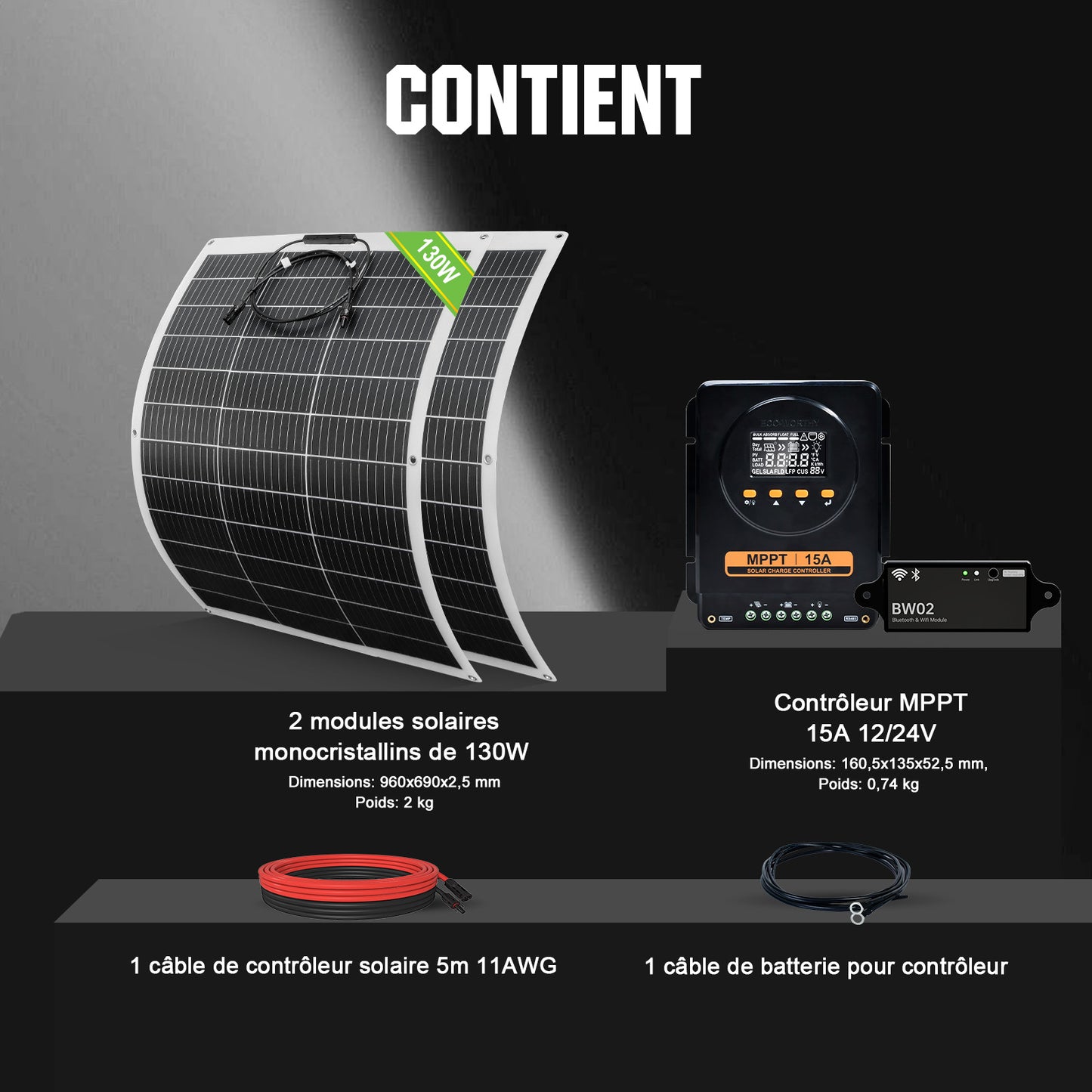 Kit Solaire Autonome 260W 12V Pour Camping-car Avec MPPT 12V/24V 15A