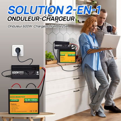 Chargeur ECO-WORTHY 14.6 V 25 A LiFePO4 avec convertisseur 600 W 12 V à 230 V, fonction UPS, pour batteries LiFePO4 à décharge profonde