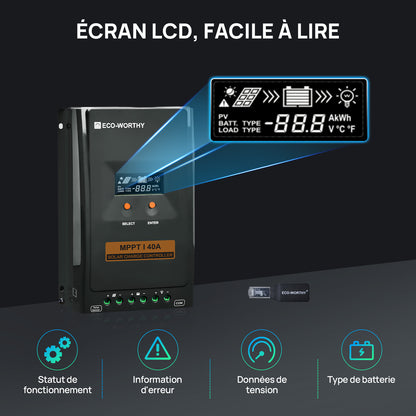 40A MPPT OLED Affichage Régulateur de Charge Solaire Régulateur 12V/24V Autoswitch