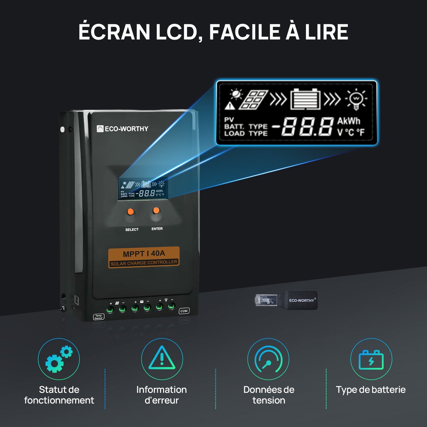 40A MPPT OLED Affichage Régulateur de Charge Solaire Régulateur 12V/24V Autoswitch - eco-worthy-fr