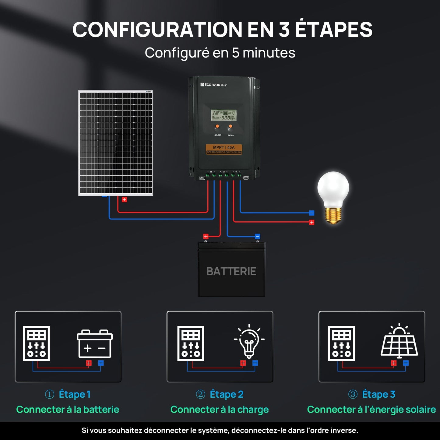 40A MPPT OLED Affichage Régulateur de Charge Solaire Régulateur 12V/24V Autoswitch - eco-worthy-fr