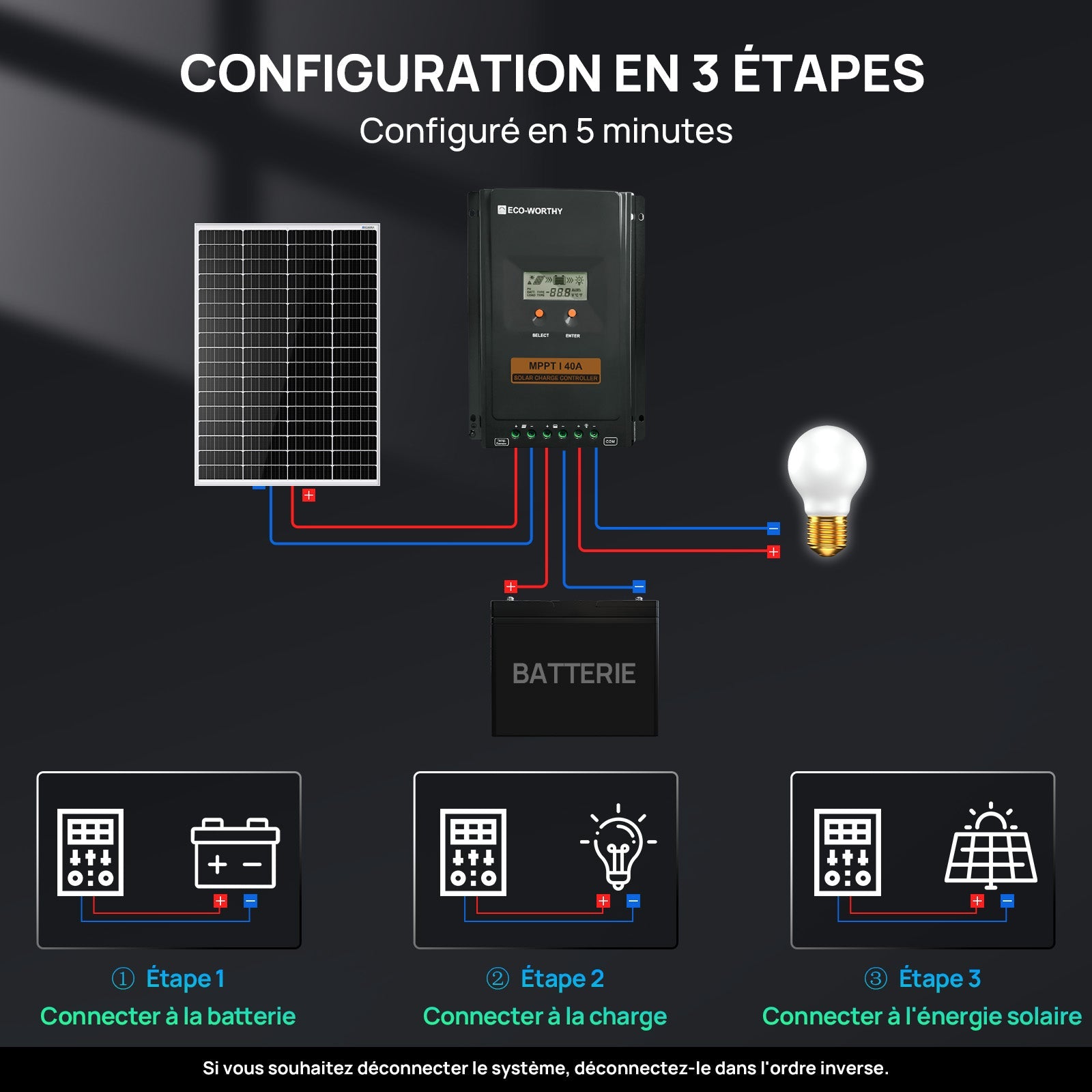 40A MPPT OLED Affichage Régulateur de Charge Solaire Régulateur 12V/24V Autoswitch - eco-worthy-fr