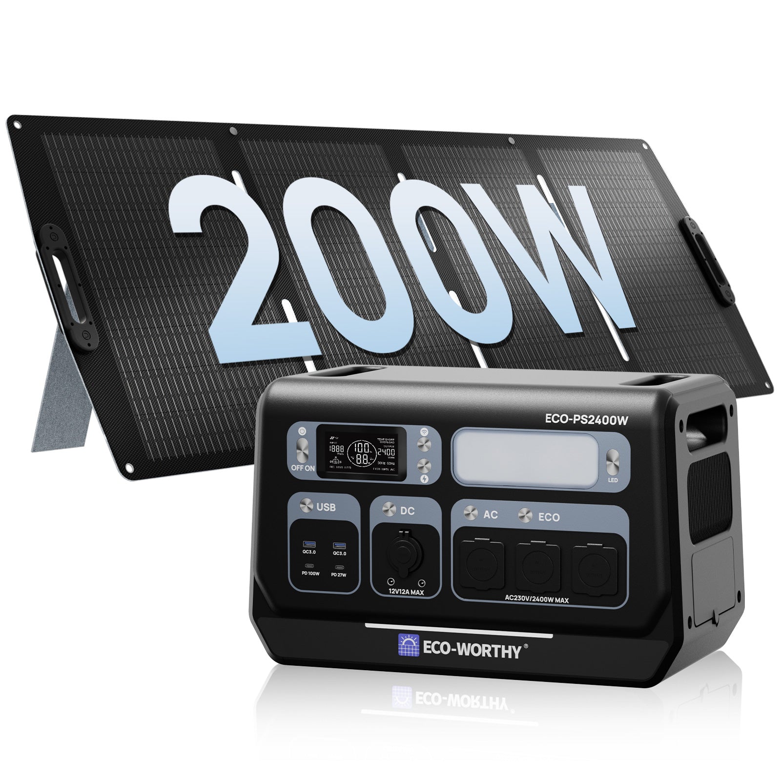 Centrale Électrique Portable ECO-WORTHY 2400W avec Batterie au Lithium de 2048 Wh | Wi-Fi et Bluetooth | Alimentation de Secours