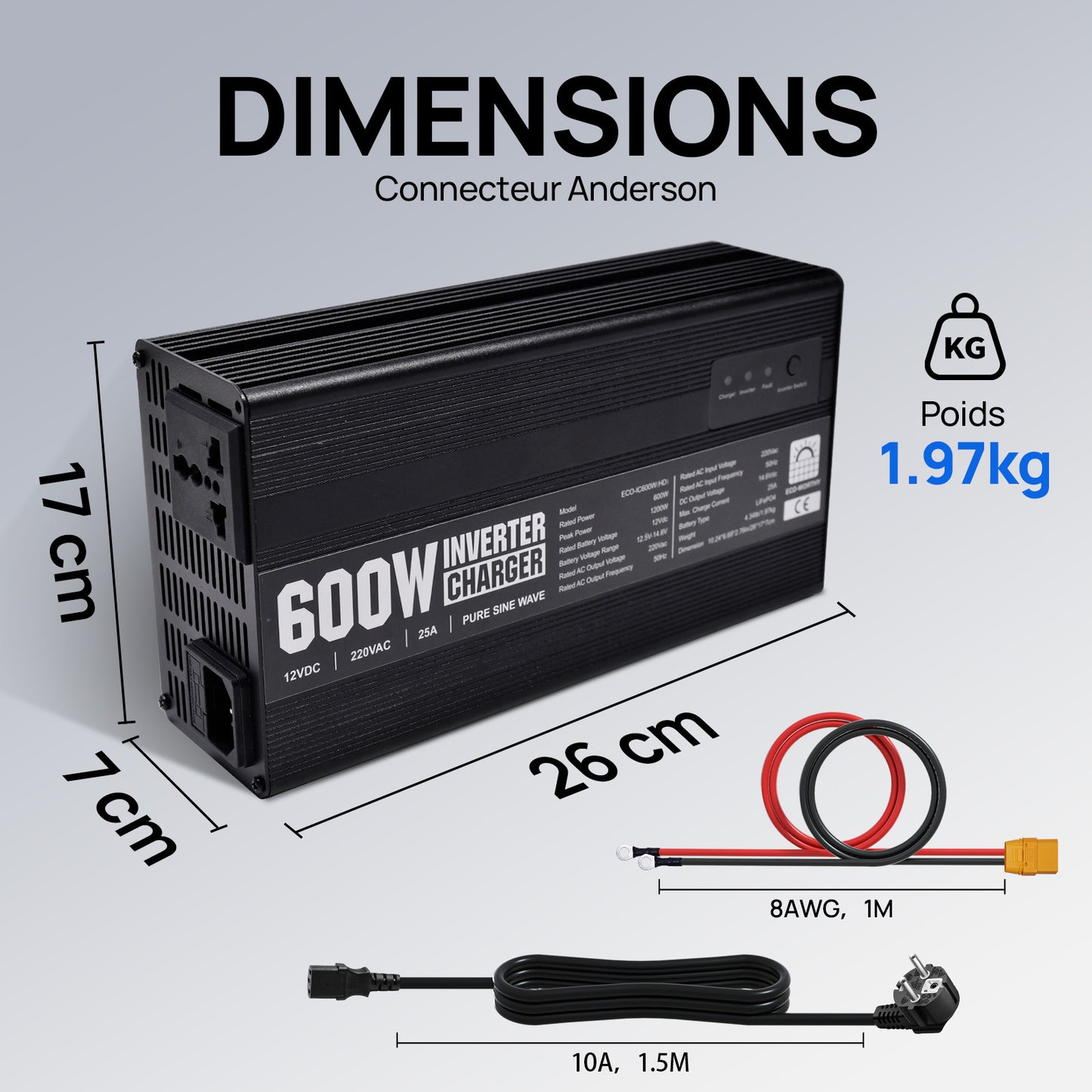 Chargeur ECO-WORTHY 14.6 V 25 A LiFePO4 avec convertisseur 600 W 12 V à 230 V, fonction UPS, pour batteries LiFePO4 à décharge profonde