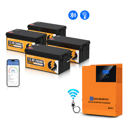 Onduleur 5 kW avec Pack de 4 Batterie Bluetooth 12V 280Ah | Kit D'alimentation Domestique Hors Réseau