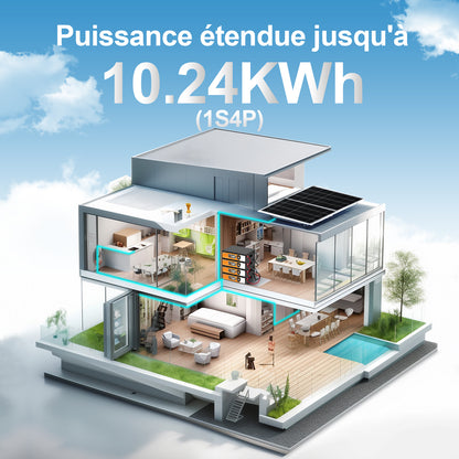 Batterie lithium empilable ECO WORTHY 48V 50Ah pour le stockage d'énergie domestique, 4 batteries connectées 10,24 kWh