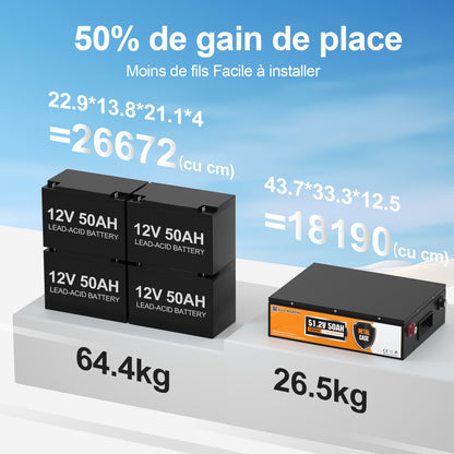 Batterie lithium empilable ECO WORTHY 48 V 50 Ah et 4 batteries plomb-acide 12 V 50 Ah