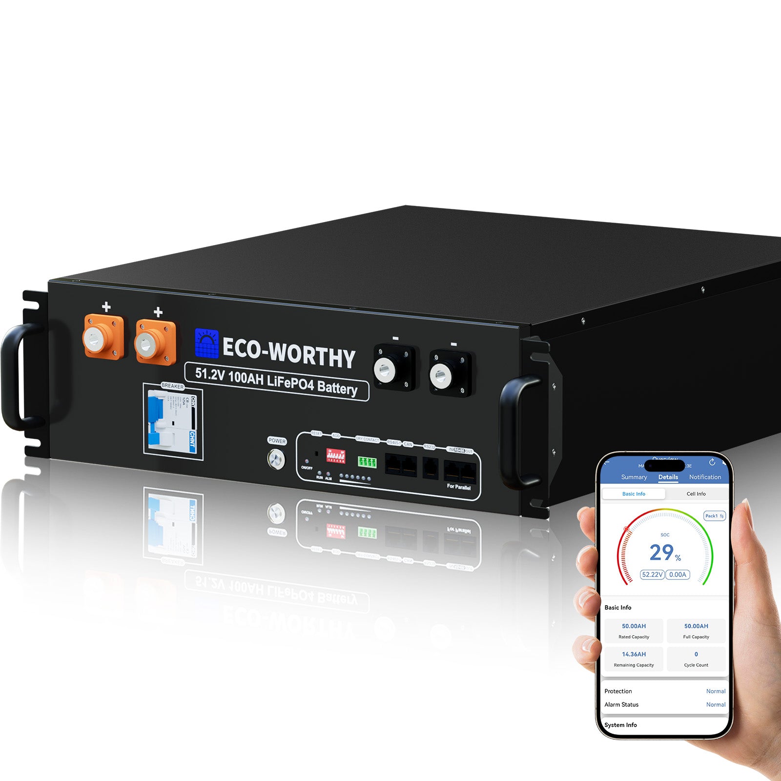 Batteria LiFePO4 Da 48V 100Ah 5.12kWh – Formato Rack 3U Con BMS 100A, Bluetooth E Compatibilità CAN/RS485 Per Solare E Camper