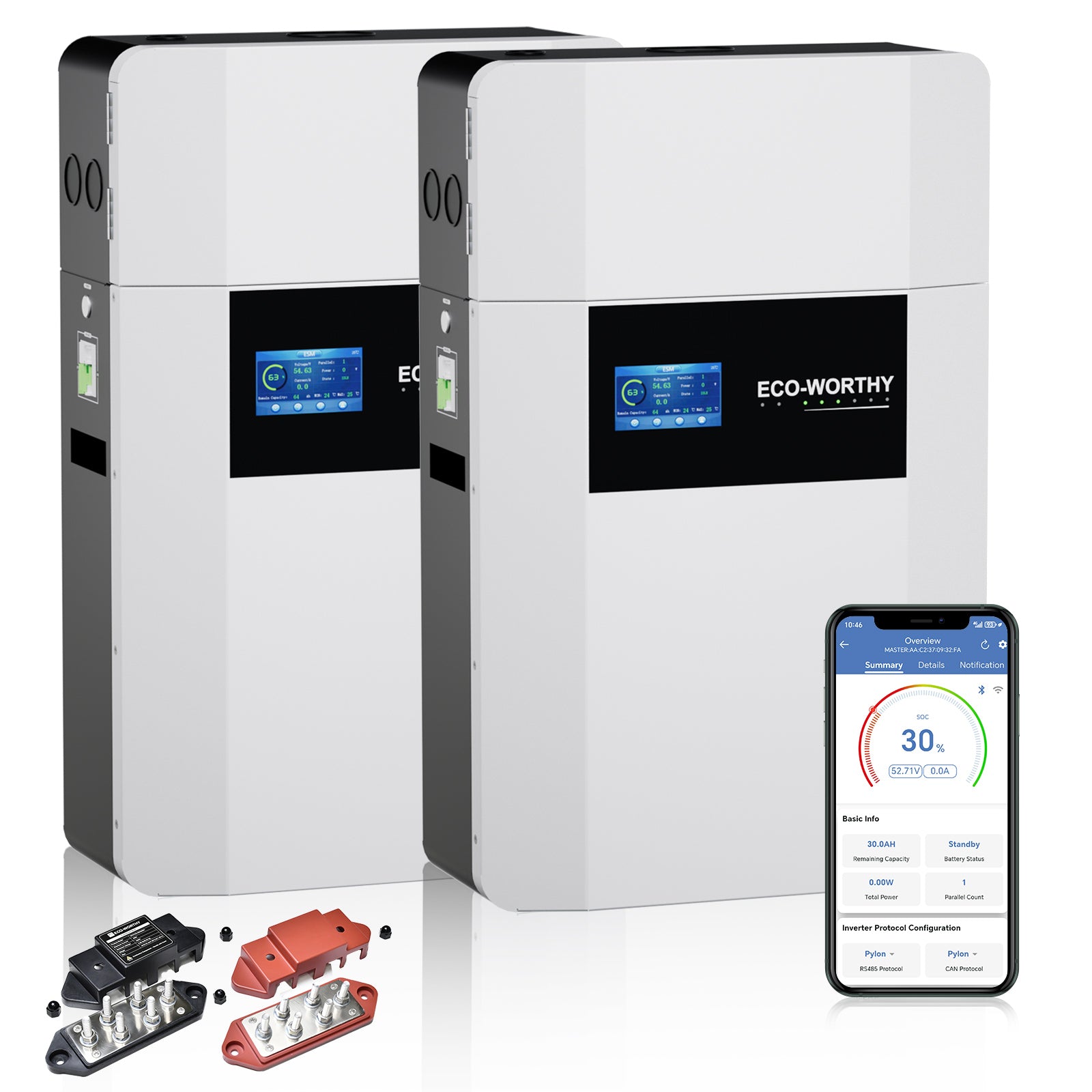 ECO-WORTHY Batterie LiFePO4 48V 100Ah Murale | Charge -20°C | WiFi & Bluetooth | Module Anti-incendie Intégré | Extensible 32 Unités | Garantie 10 Ans