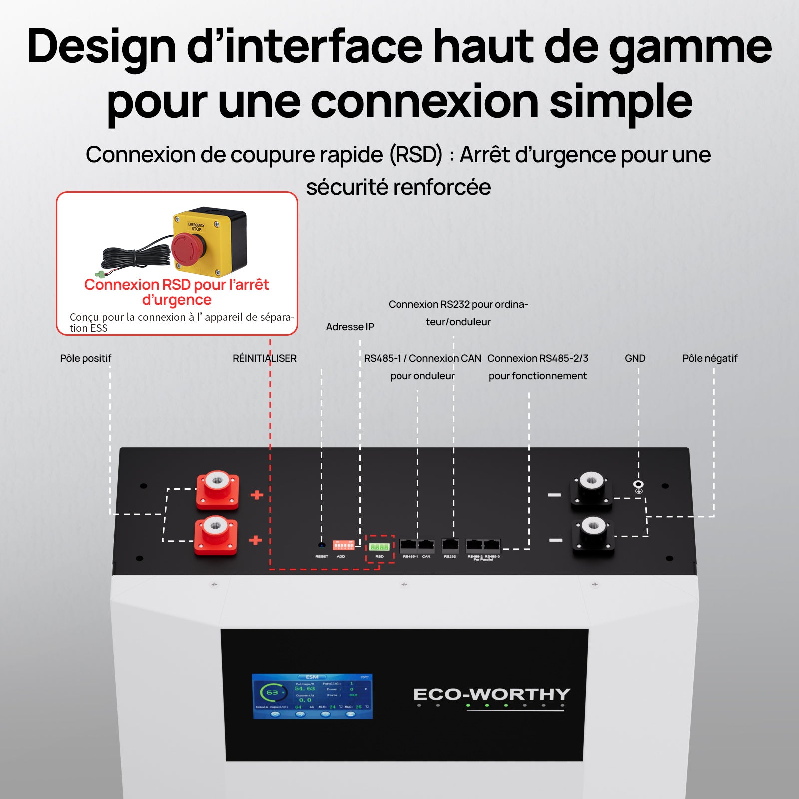 ECO-WORTHY Batterie LiFePO4 48V 100Ah Murale | Charge -20°C | WiFi & Bluetooth | Module Anti-incendie Intégré | Extensible 32 Unités | Garantie 10 Ans