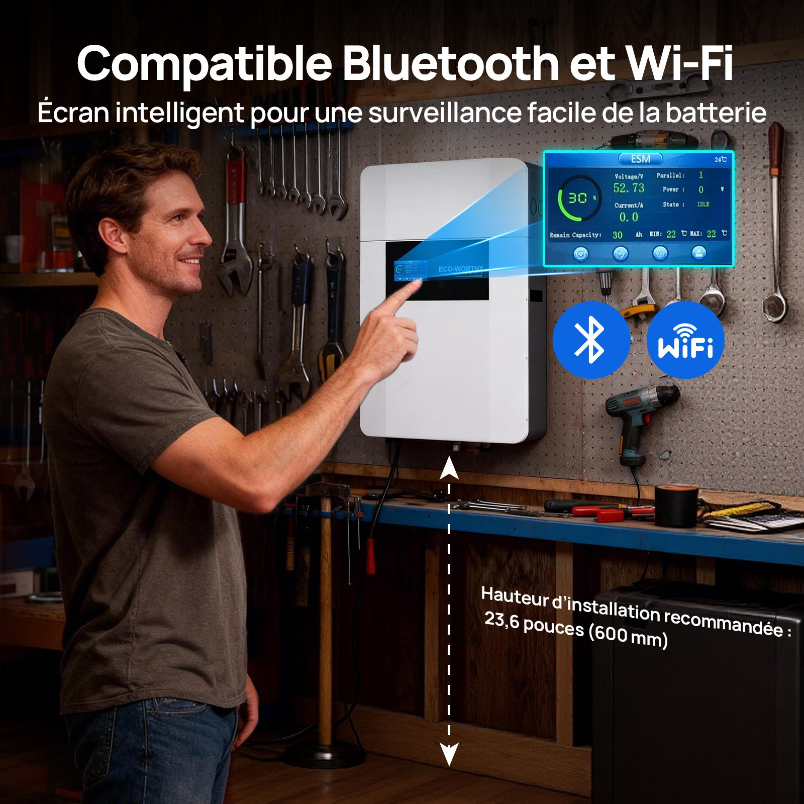 ECO-WORTHY Batterie LiFePO4 48V 100Ah Murale | Charge -20°C | WiFi & Bluetooth | Module Anti-incendie Intégré | Extensible 32 Unités | Garantie 10 Ans