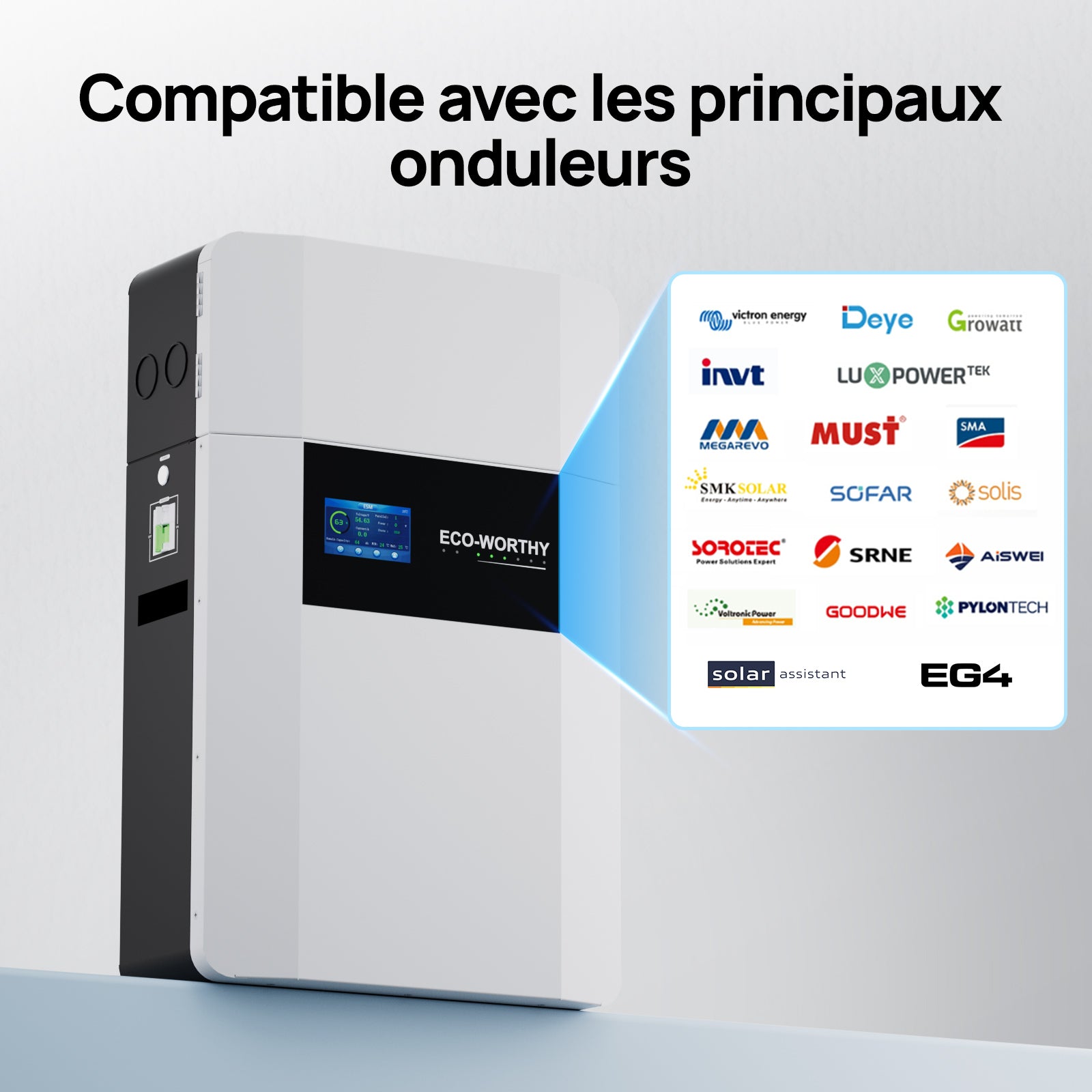 ECO-WORTHY Batterie LiFePO4 48V 100Ah Murale | Charge -20°C | WiFi & Bluetooth | Module Anti-incendie Intégré | Extensible 32 Unités | Garantie 10 Ans