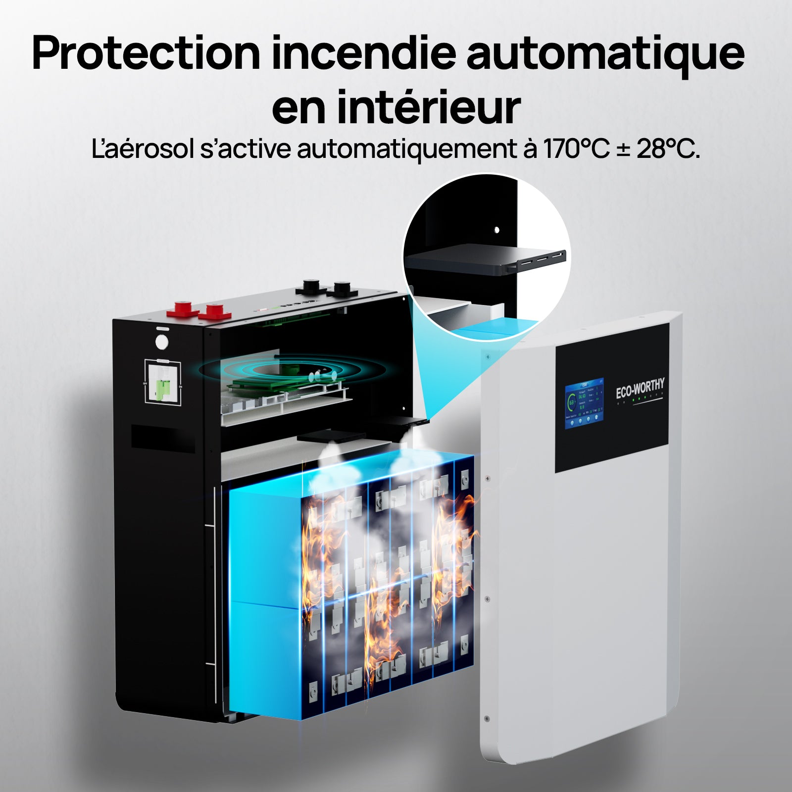 ECO-WORTHY Batterie LiFePO4 48V 100Ah Murale | Charge -20°C | WiFi & Bluetooth | Module Anti-incendie Intégré | Extensible 32 Unités | Garantie 10 Ans