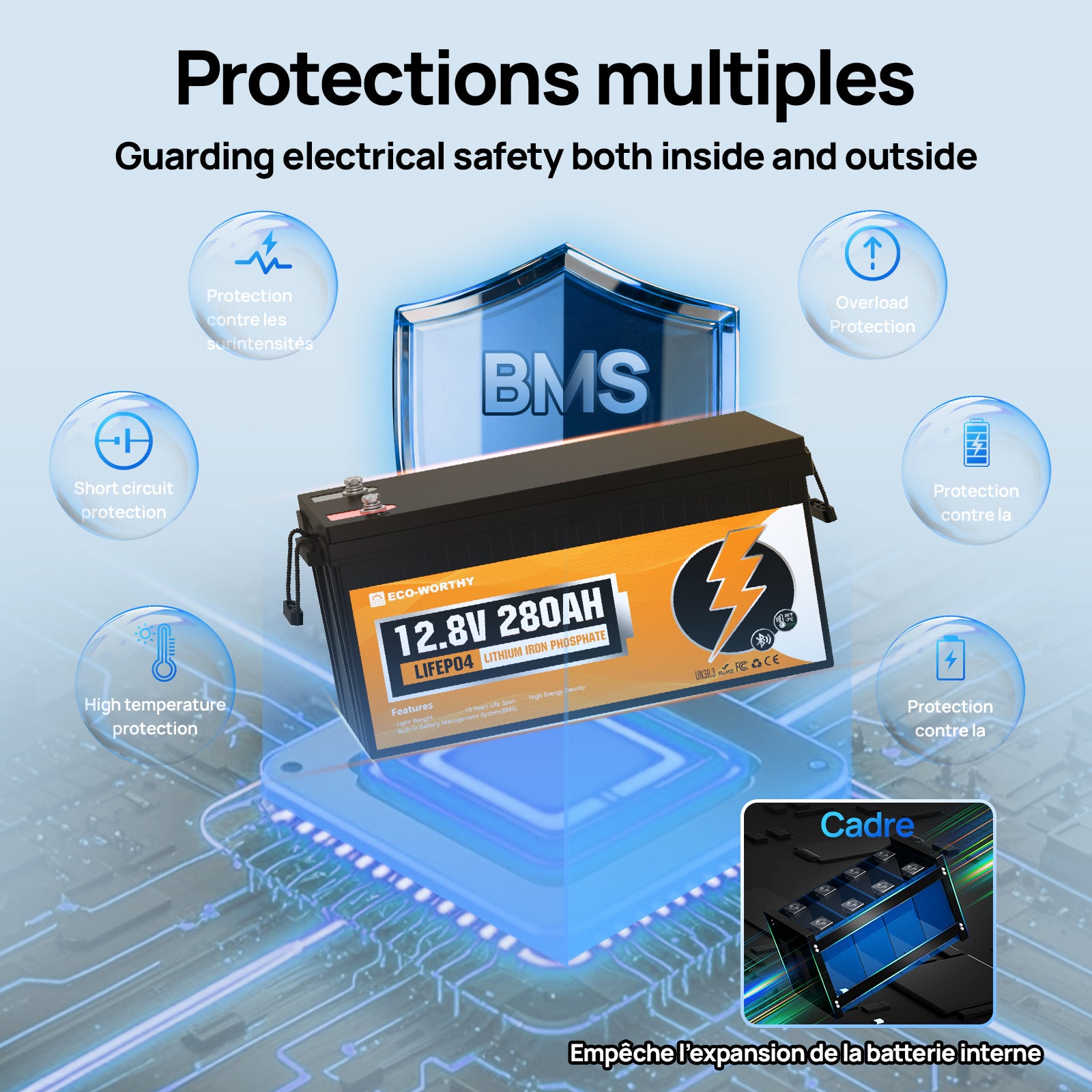 ECO-WORTHY Batterie LiFePO4 12 V 280 Ah avec Bluetooth et protection contre les basses températures,protections multiples BMS 