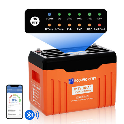 ECO-WORTHY Batterie Lithium 12V 300Ah LiFePO4 Bluetooth avec Indicateur LED (Données SOC et niveau de batterie)