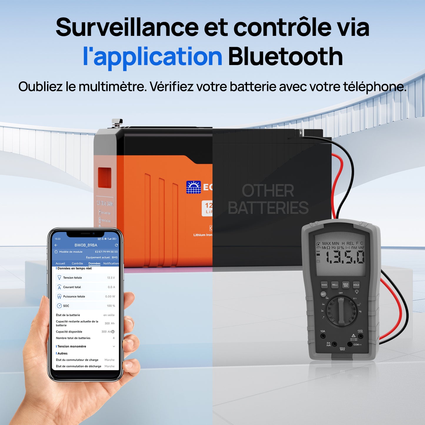 ECO-WORTHY Batterie Lithium  Lifepo4 12V 300Ah Bluetooth avec Indicateur LED -surveillance et contrile via APP Bluetooth